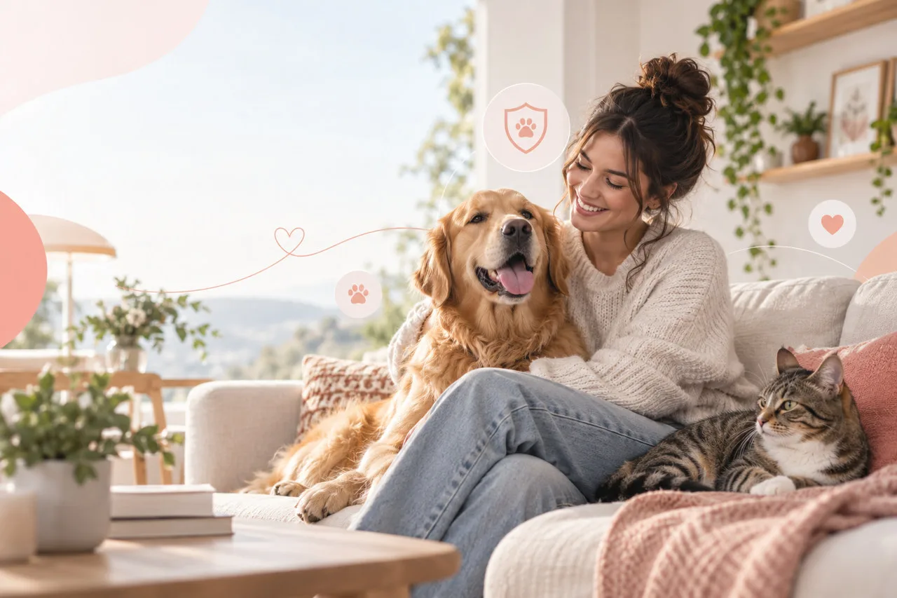 Owner sitting at home with a dog and cat